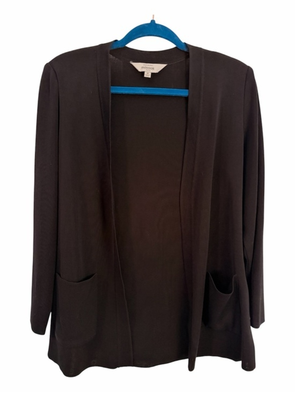 MISOOK PETITE M Black Open Front Cardigan Pockets *Small Shoulder Pads*